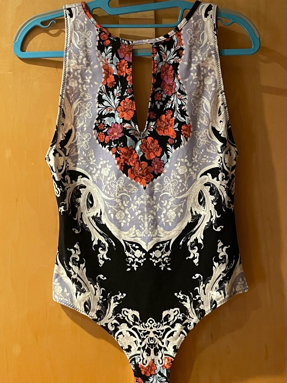 Free People Black Bodysuit with Red Floral Keyhole